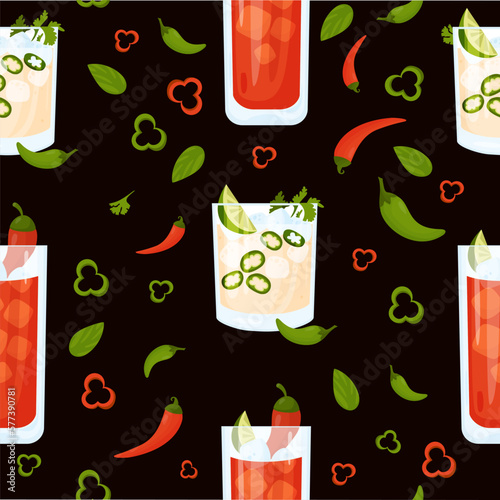 Seamless pattern with Mexican cocktails Vampiro and Spicy Jalapeno Margaritas on black background with chili peppers. Vector illustration. Pattern with latin american drink.