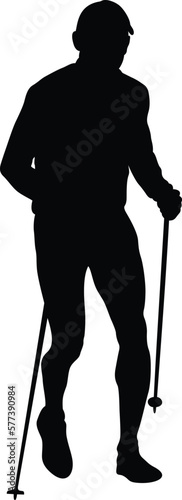 black silhouette male runner with trekking poles running