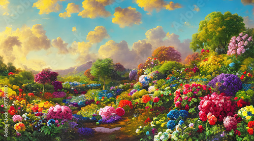 Paradise garden full of flowers, beautiful idyllic  Paradise garden full of flowers, beautiful idyllic  background with many flowers in eden, 3d illustration with vivid colors. Generative Ai. photo