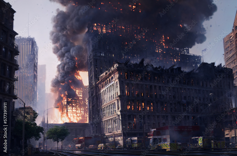 A burning apartment building. A city with burning buildings. Generative AI.