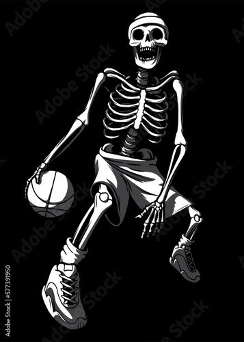 Basketball skeleton. Detailed skeleton in shorts and sneakers with basketball. Basketball character isolated.