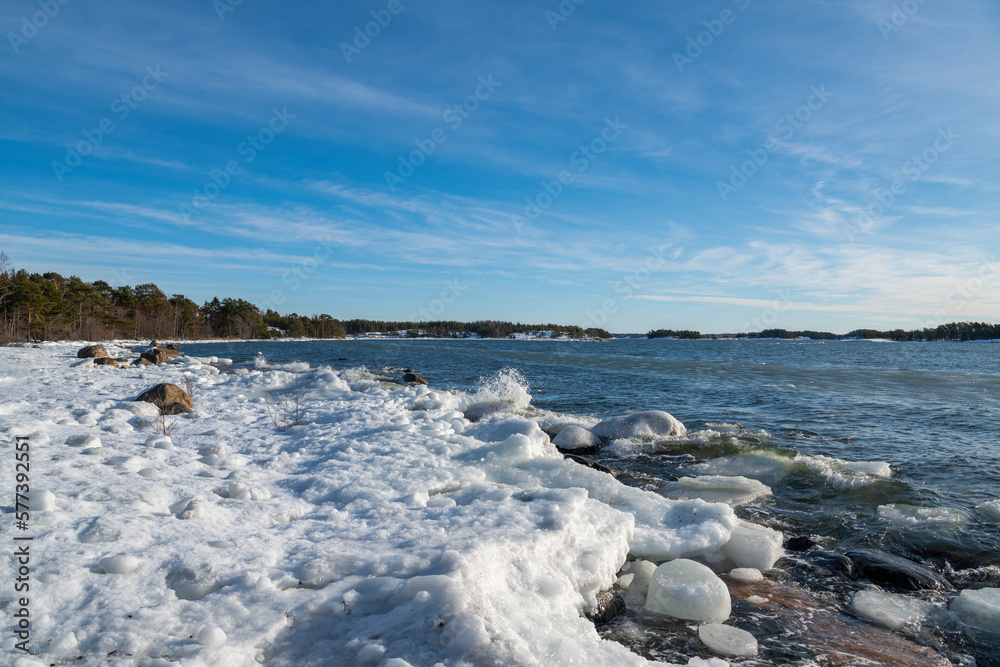 View of the coast and Gulf of Finland in winter, Kopparnas, Inkoo, Finland