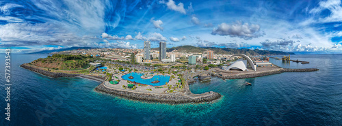 Aerial view above the beautiful city of Santa Cruz de Tenerife in the Canary Islands in Spain