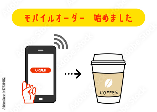 コーヒーやカフェのテイクアウトや持ち帰りをモバイルオーダーするイラスト
