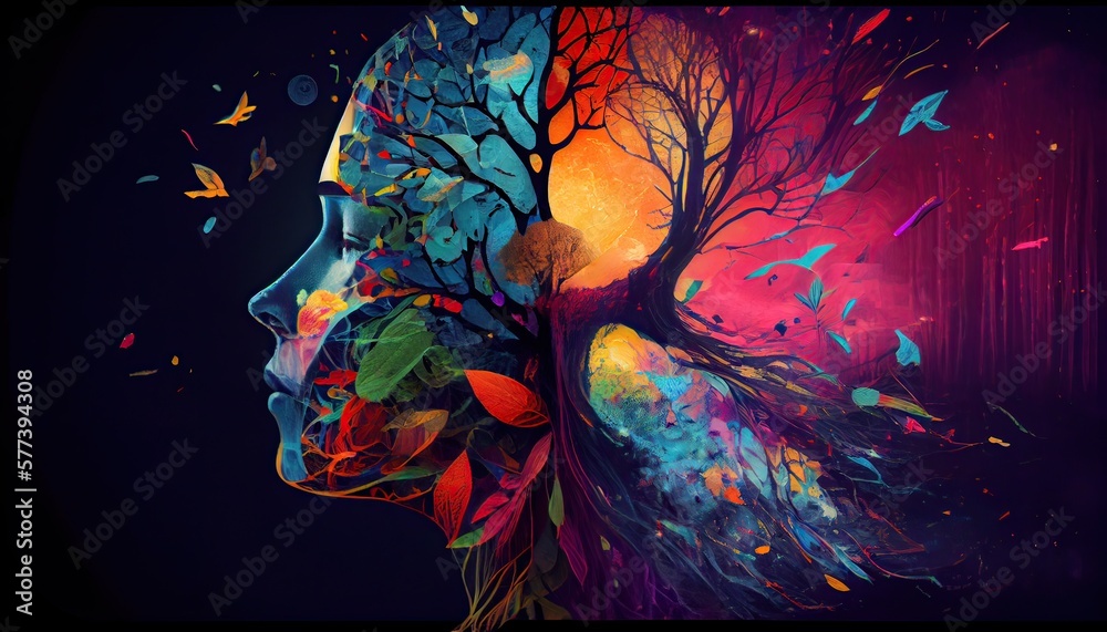 human brain concept. Creative part and colorful forest and nature. Colorful vector brain illustration, brain hand-drawn painting of forest nature. Non-existent person. Generative Ai - obrazy, fototapety, plakaty 