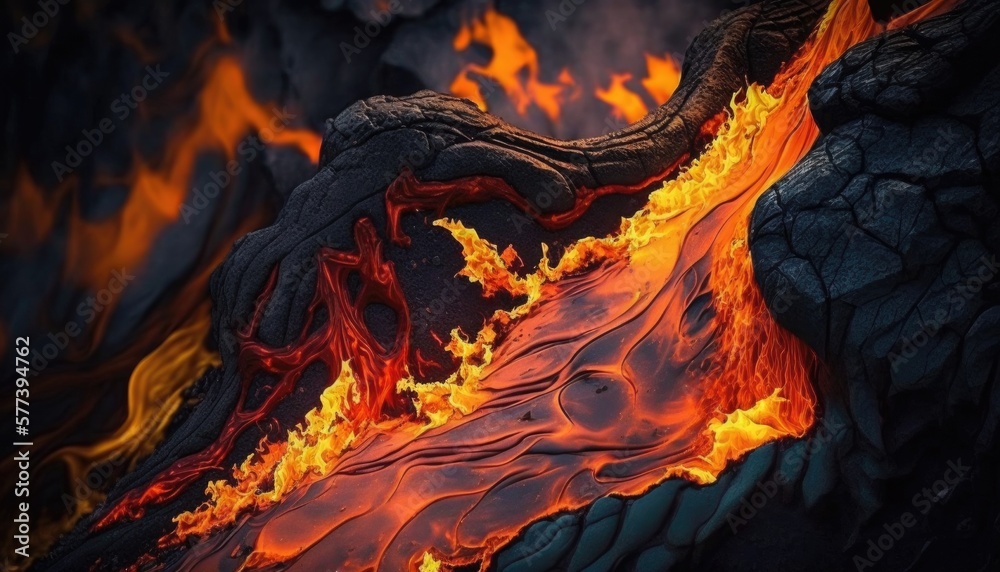 Burning volcano lava, close-up, created with Generative AI technology.