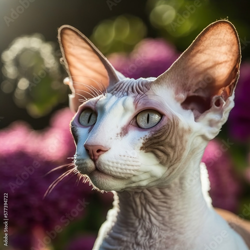 Ravishing hyper realistic portrait of happy cornish rex cat in natural outdoor lush with flower in background as concept of modern domestic pet by Generative AI. photo
