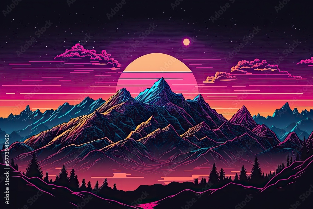 Mountain landscape background in retro style created with Generative AI