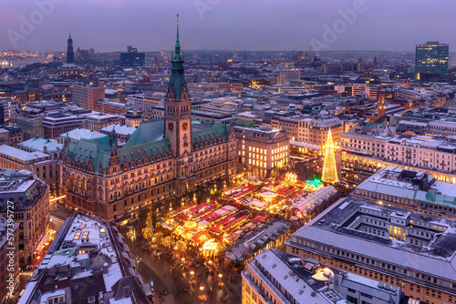 Historic Christmas market on Rathausmarkt in downtown Hamburg, Germany.