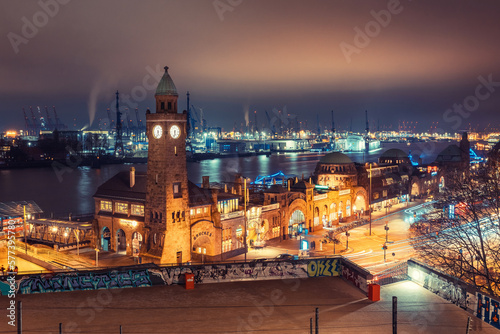 Illuminated St. Pauli Piers in Hamburg at night