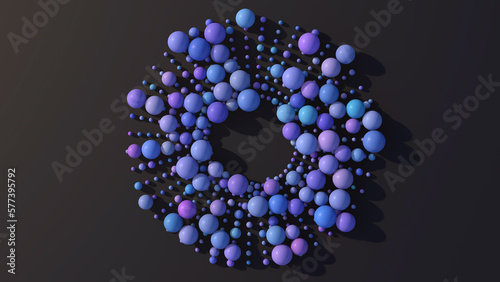 Circle with blue and purple balls. Abstract illustration, 3d render.