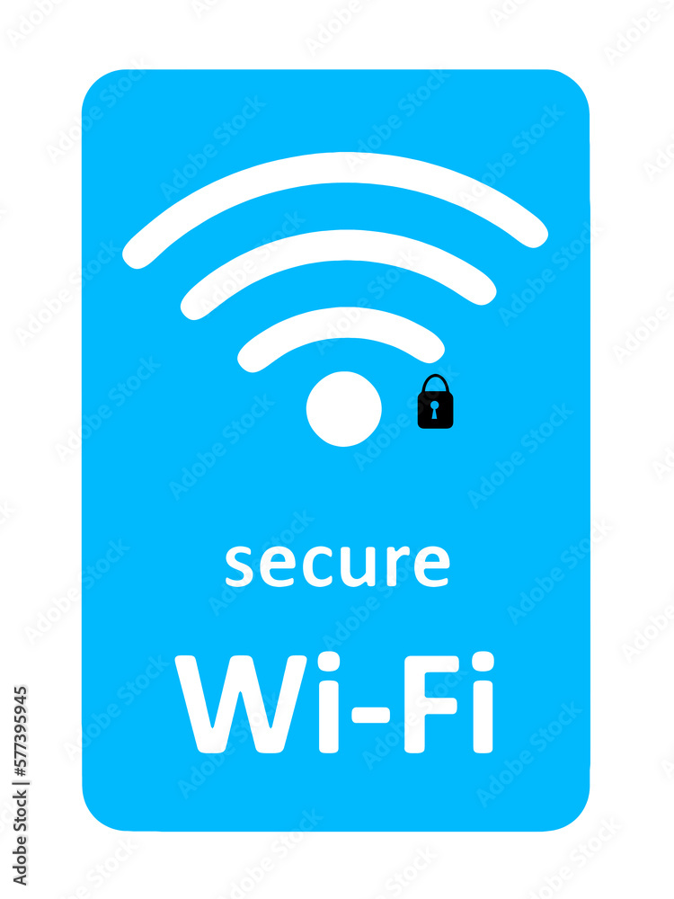 Illustration with a sign of public Wi-Fi and a note that is secure with a lock pathword at light blue sky background Illustration with a sign of public Wi-Fi and a note that is secure with a lock pathword at light blue sky background