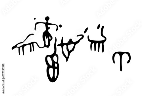 Rock petroglyphs depicting the invasion of predators and people defending domestic animals. Vector illustration of prehistoric rock petroglyphs discovered on the territory of Armenia