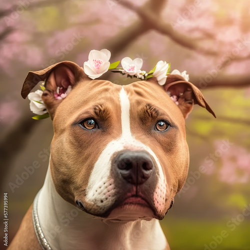 Papier peint Ravishing hyper realistic digital illustration portrait of happy American stafford in natural outdoor lush with flower in background as concept of modern domestic dog by Generative AI
