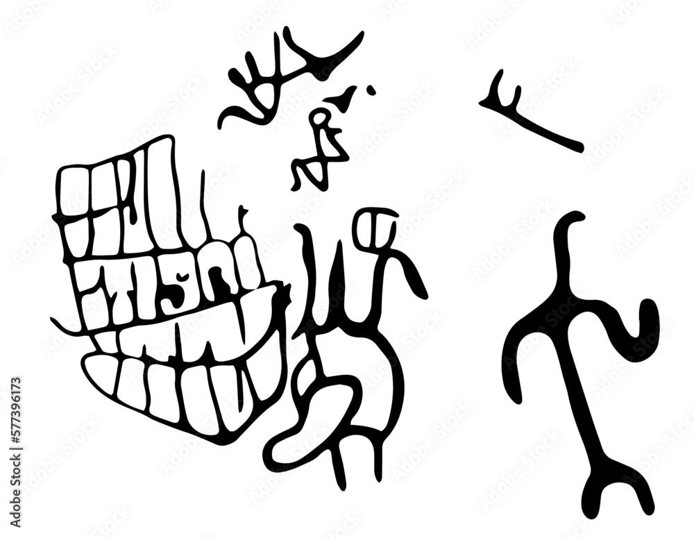 Rock petroglyphs depicting cobwebs and insects preying on animals ...