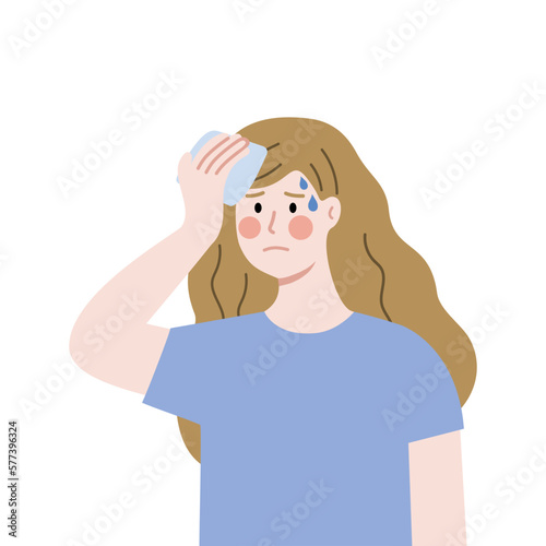 Woman Feeling Hot Wiping Sweat. Flat vector design illustration.