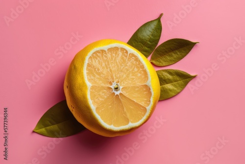 Juicy lemon with leaves on a pink background. Top view, isolated.