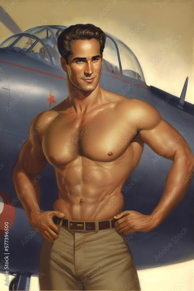 handsome muscled vintage 1940s male pinup in front of plane, generative ...