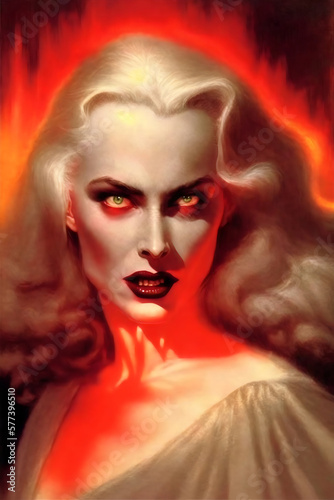 portrait of a beautiful female vampire in flames created with generative ai