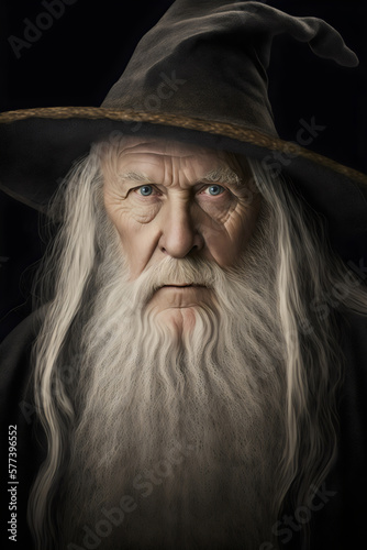 portrait of an elderly wizard wearing hat and robes created with generative ai