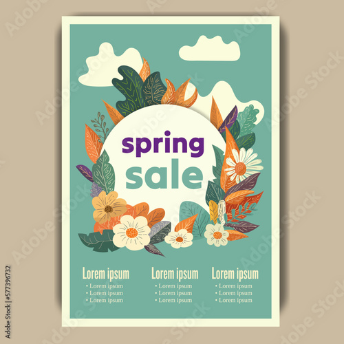 Vector Plantilla de banner de venta de primavera con flores coloridas. Puede usar tarjeta de redes sociales, vale, poster de pared, volantes, invitación, afiches, folleto.