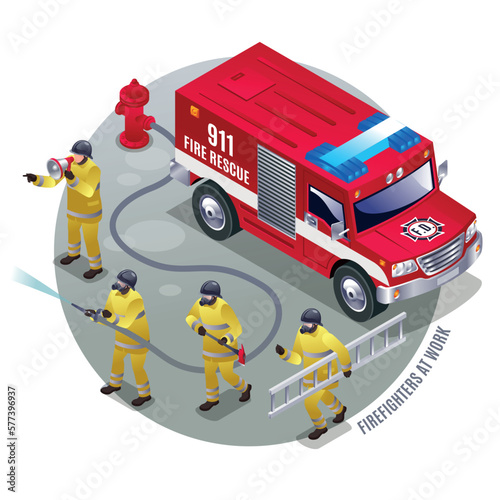 Firefigters at work vector illustration isometric icons on grey round isolated background