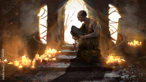 A blind old man holds in his hands a sacred book surrounded by burning candles. he is a sage in a robe. the windows of the temple shine with white light, sparks and sunbeams fly in the air. 2d art