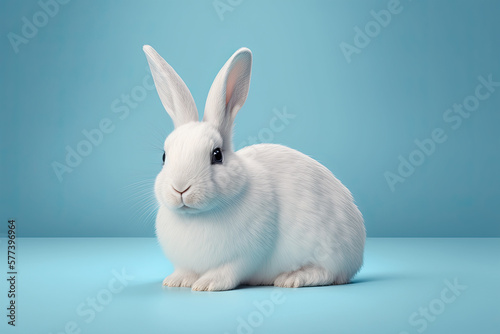 White bunny on pastel blue background  Easter day. Generative AI  3d rendering  rabbit  bunny  easter  white  cute  holiday  hare