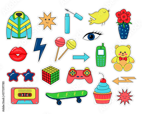 Cute retro comic stickers in pop art style such as lips, bird, cassette, vase, mobile phone and other. 90s nostalgic badges.