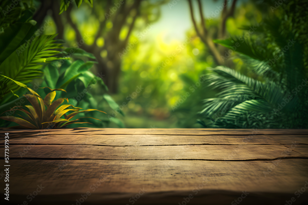 Jungle table background. Empty ready for your product display montage against the backdrop of tropical plants, palms and jungle. Generative AI Jungle table background. Empty ready for your product display montage against the backdrop of tropical plants, palms and jungle. Generative AI