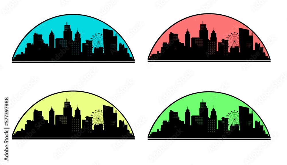 City skyline in red, blue, green, yellow and black
