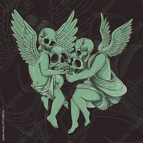 Gothic vector illustration with human skull and angel wings on a dark background
