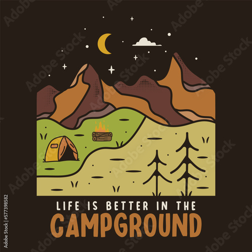 Camping adventure t-shirt print. Campground logo badge vector design. Camp badge graphics in retro style. Travel colorful emblem. Stock vector label