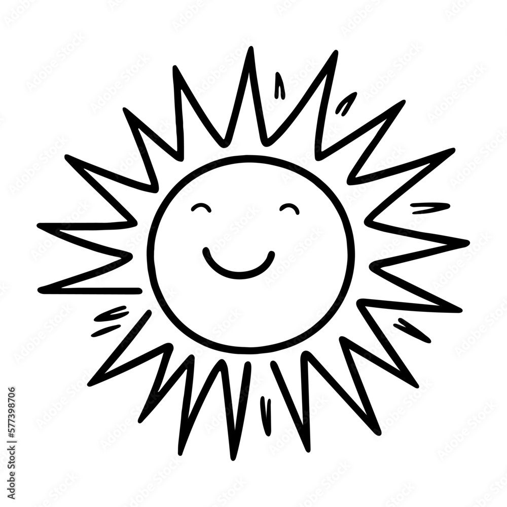 Hand drawn happy smile sun isolated on white background. Vector illustration, doodle style