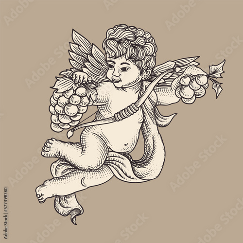Sketch of cupid with bunch of grapes. Vector illustration.
