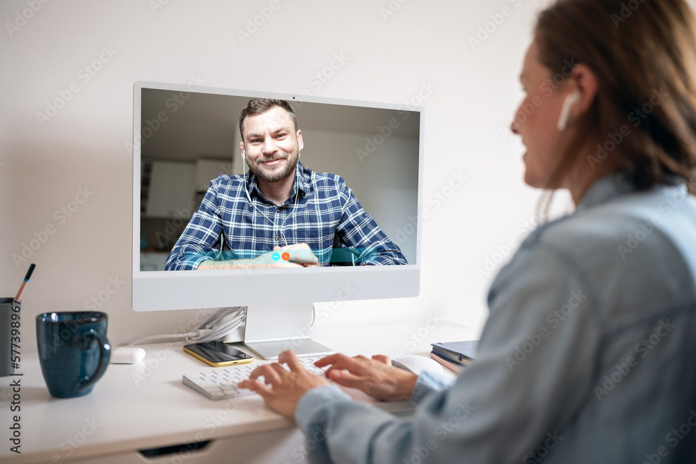 Woman and man online dating Couple meeting on internet. Woman and man online dating Couple meeting on internet.