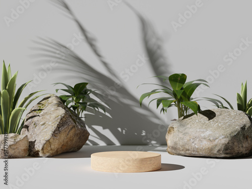 Green leaves and stone slabs product display, white podium