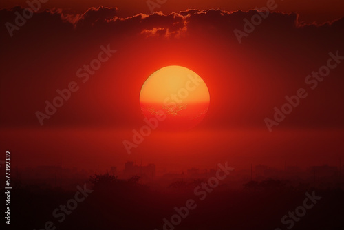 hot weather hot red sun on the horizon Generative AI