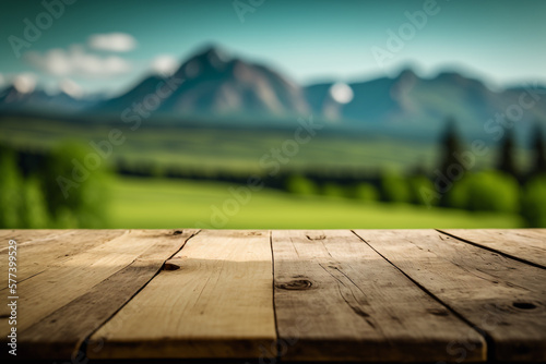 empty display wooden table on green field and forest mountains background empty copy space Generative AI