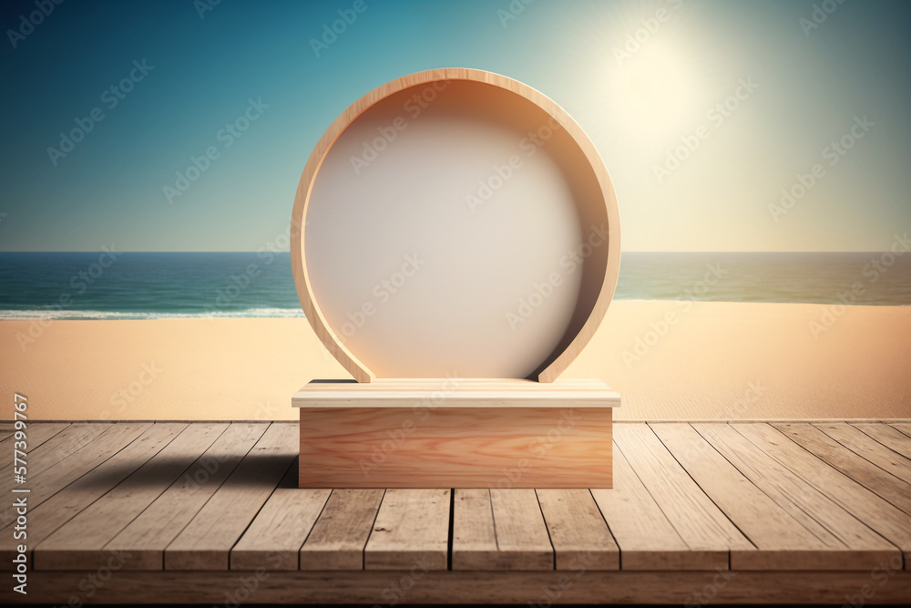 wooden podium with empty space with summer sun and beach Generative AI