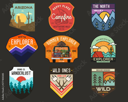 Set of vintage camping badges featuring various wilderness-themed designs including road trip, mountains, hiking, and outdoor activities. Stock vector travel labels
