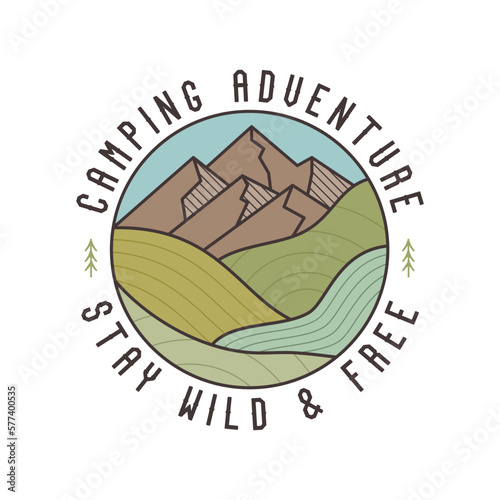 Retro camping badge featuring wilderness-themed design including mountains landscape. Stock vector travel label isolated on white background