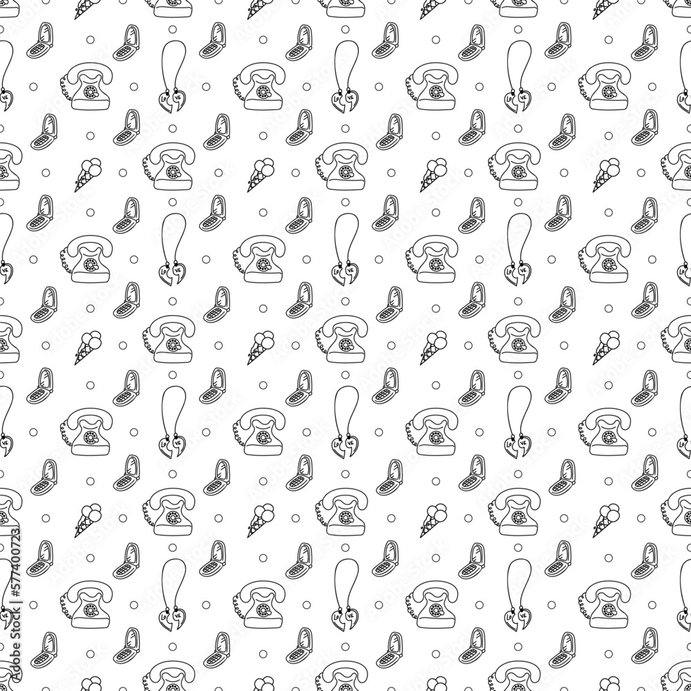 Cute seamless pattern with retro telephone, mobile phone, ice cream and pendant. Black and white cartoon vector illustration. Cute seamless pattern with retro telephone, mobile phone, ice cream and pendant. Black and white cartoon vector illustration.