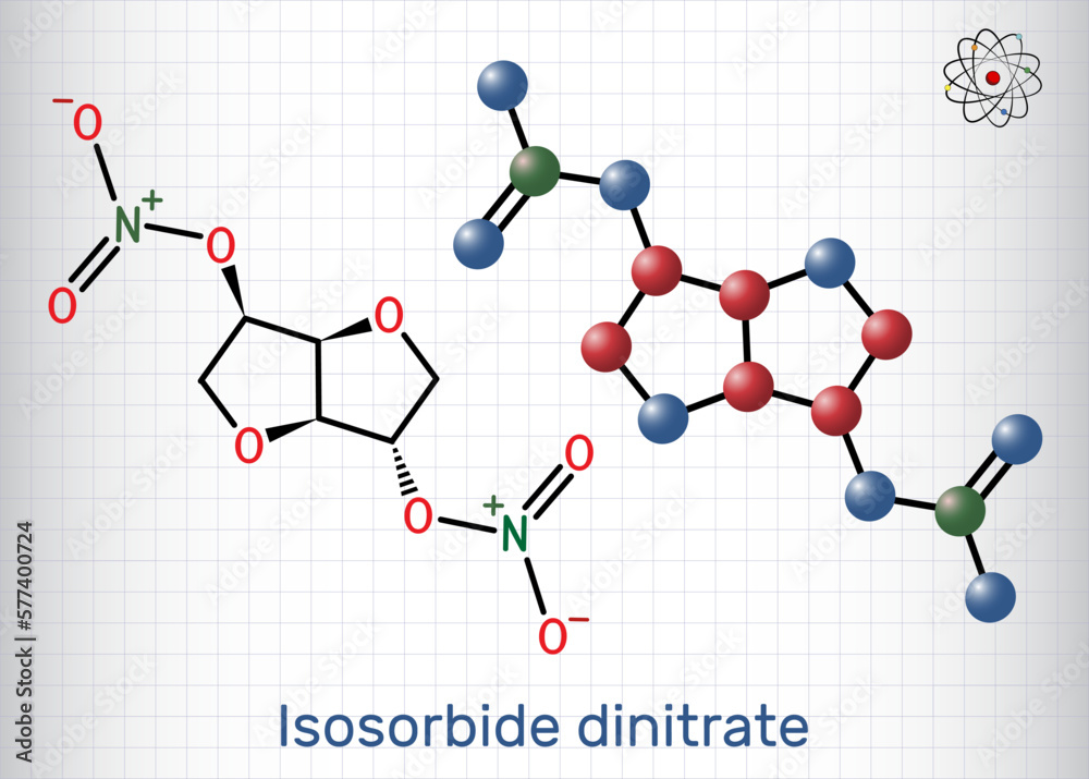 Isosorbide dinitrate, ISDN molecule. It is vasodilator used to treat angina in coronary artery disease. Structural chemical formula, molecule model. Sheet of paper in a cage Isosorbide dinitrate, ISDN molecule. It is vasodilator used to treat angina in coronary artery disease. Structural chemical formula, molecule model. Sheet of paper in a cage