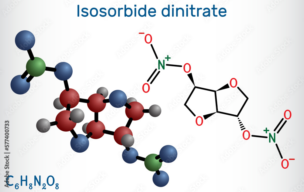Isosorbide dinitrate, ISDN molecule. It is vasodilator used to treat