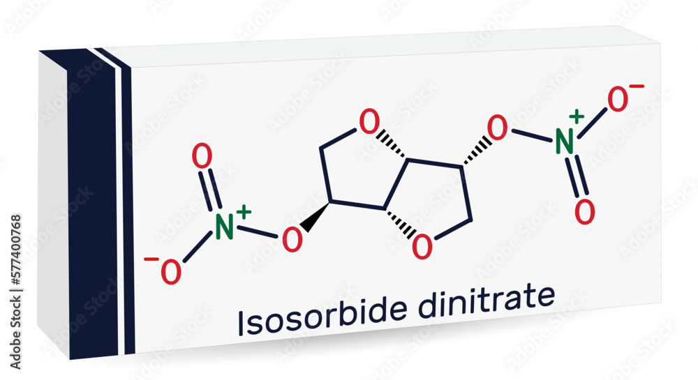 Isosorbide dinitrate, ISDN molecule. It is vasodilator used to treat angina in coronary artery