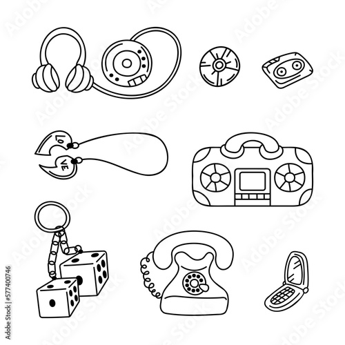 Cute set with vintage retro items  phones  pendant  CD player  tape recorder  keychain with dice. Doodle vector black and white illustration.