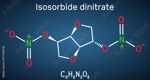 Isosorbide dinitrate, ISDN molecule. It is vasodilator used to treat angina in coronary artery disease. Skeletal chemical formula. Paper packaging for drugs. photo