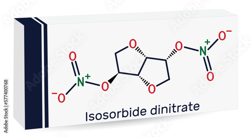 Isosorbide dinitrate, ISDN molecule. It is vasodilator used to treat angina in coronary artery disease. Skeletal chemical formula. Paper packaging for drugs.