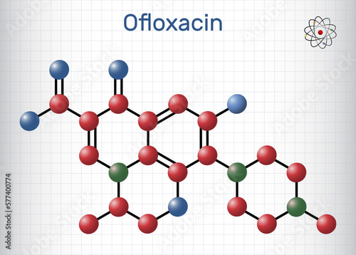 Ofloxacin fluoroquinolone molecule. It is quinolone antibiotic, antibacterial drug. Structural chemical formula and molecule model. Sheet of paper in a cage.